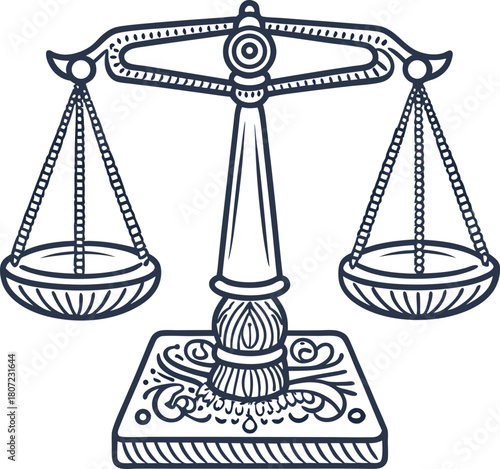 Vintage balance scale illustration hand drawn justice, fairness and equality concept, retro law legal design