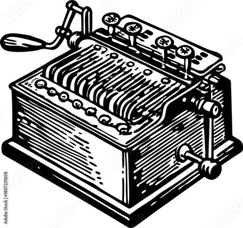 Vintage mechanical music box crank with intricate gears and levers hand drawn retro instrument illustration