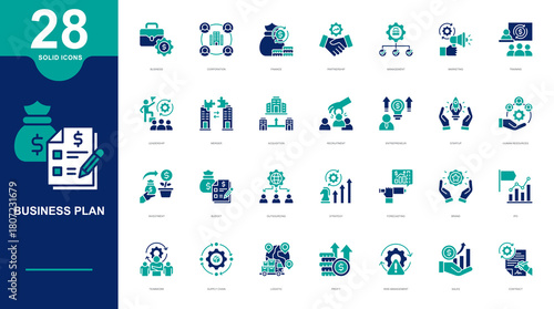 Business Plan Solid icons collection. Containing Business, Corporation, New Product, Partnership, Management, Marketing, Training, Leadership and more. Simple vector illustration