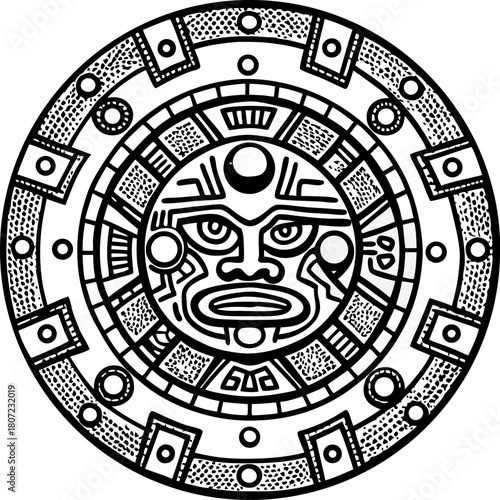 Aztec sun stone circular pattern ancient tribal design, intricate geometric abstract symbol, black white illustration