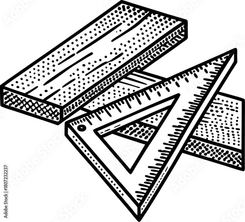 Wooden planks and triangular ruler hand drawn carpentry tools, measurement, building, construction, drafting illustration