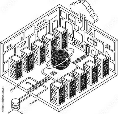 Isometric illustration of server room with cloud connection and binary code sphere at center