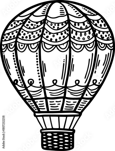 Intricate hot air balloon illustration with decorative patterns, detailed basket, and elegant lines on white background