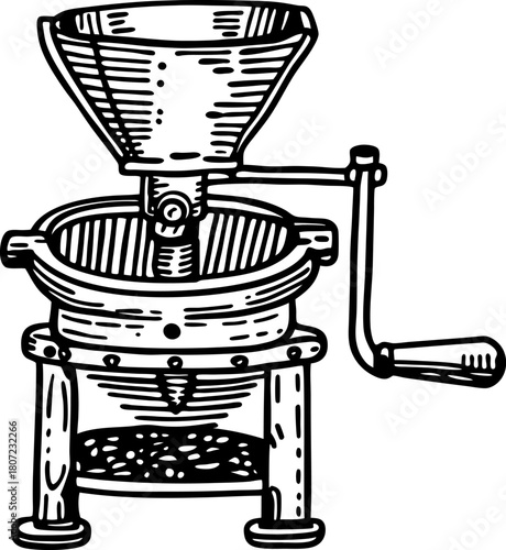 Hand crank grain mill grinder vintage manual flour mill, retro food processing equipment illustration
