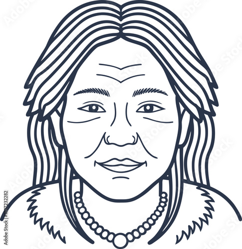 Elderly woman portrait line art with jewelry and traditional attire mature face, necklace, earrings drawing