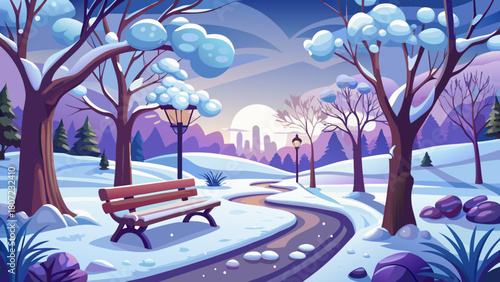 Very beautiful snowy park scene featuring a gentle winter landscape with a wooden bench beside a winding path, soft snow covering the ground, and calm seasonal ambience in a serene horizontal composit