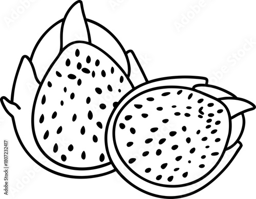 Dragon fruit sliced in half tropical exotic fruit with black seeds, white flesh, spiky outer skin illustration
