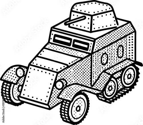 Vintage armored car illustration in black and white with six wheels, riveted metal plates, and turret design