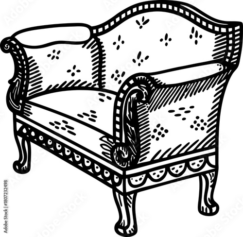 Vintage upholstered armchair illustration hand drawn antique furniture with ornate details, classic decorative seat