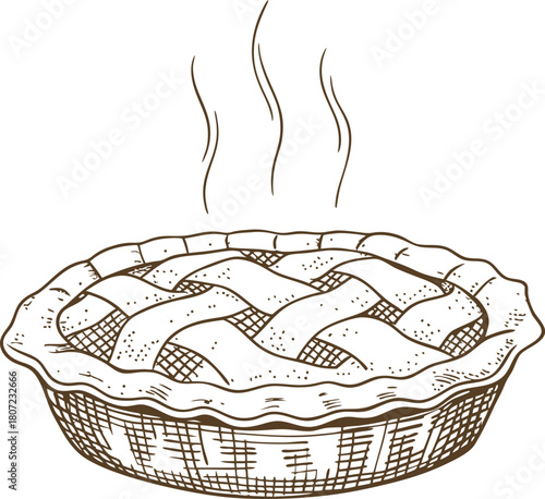 Freshly baked homemade pie with lattice crust warm dessert, sweet pastry, traditional bakery food illustration