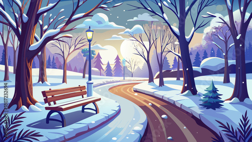 Very beautiful snowy park scene featuring a gentle winter landscape with a wooden bench beside a winding path, soft snow covering the ground, and calm seasonal ambience in a serene horizontal composit