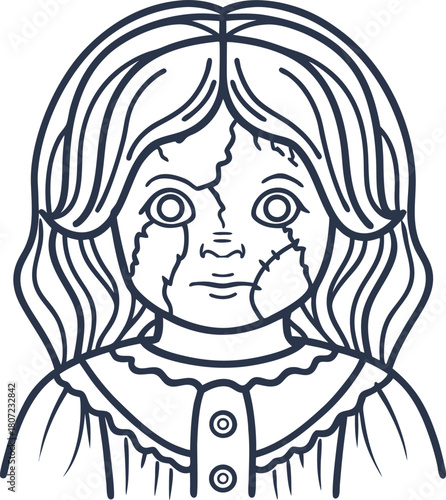 Creepy cracked porcelain doll face with vintage dress and haunting expression isolated outline illustration