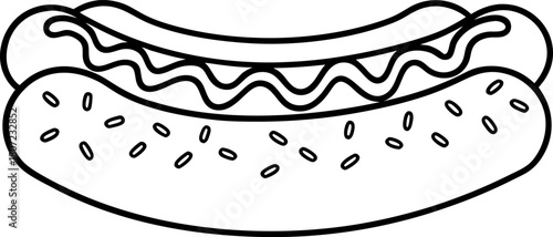 Hot dog outline with sausage, bun, and mustard simple black and white fast food illustration