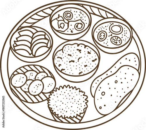 Traditional indian thali meal illustration with various dishes, rice, bread, and snacks on round plate outline