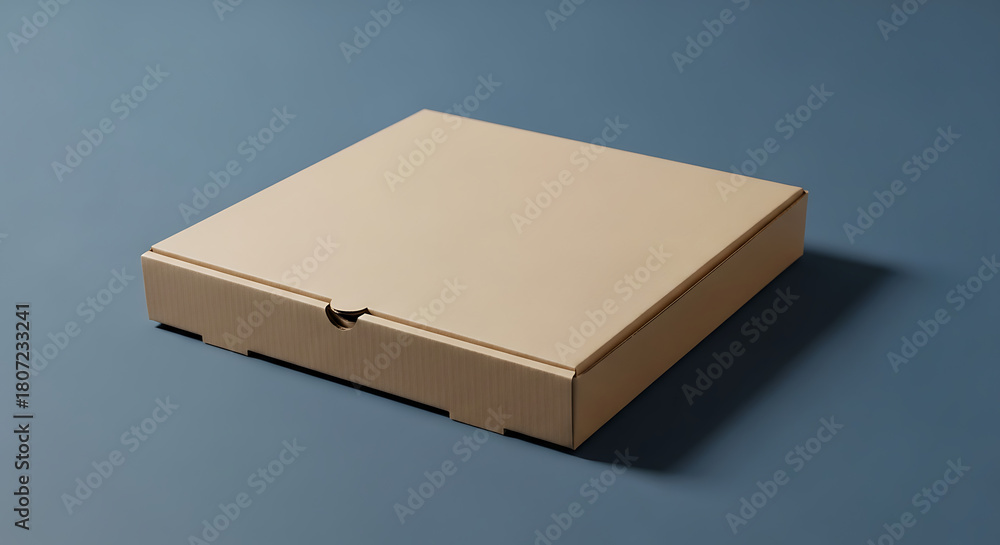 Naklejka premium A closed square cardboard box sitting on a blue surface in a studio setting with soft lighting