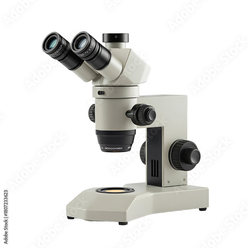 A white stereo microscope with dual eyepieces and focus knobs isolated on transparent background