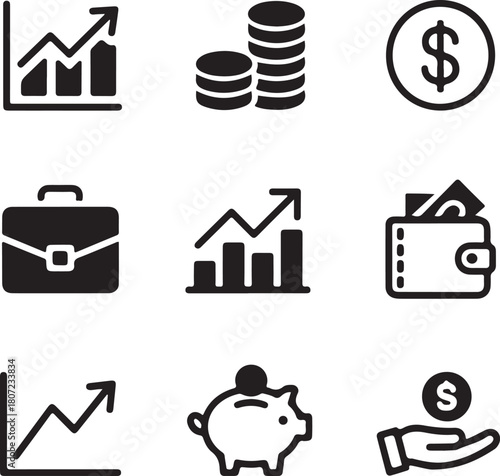 Collection of black financial icons including graphs coins briefcase wallet piggy bank and hand holding coin
