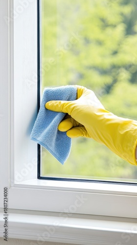 Wallpaper Mural Bright and cheerful cleaning of a window sill in a sunlit room with yellow rubber gloves and a blue microfiber cloth Torontodigital.ca