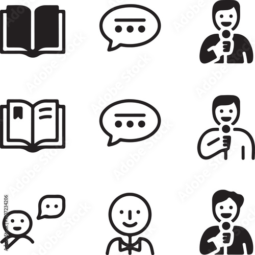 Black and white icons of an open book a speech bubble and a person holding a microphone arranged in a grid