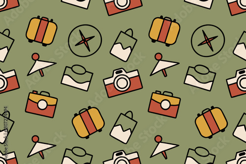 Pattern of travel icons featuring suitcases, cameras, and compasses Keywords: travel, adventure, vacation, journey, exploration, suitcase, luggage