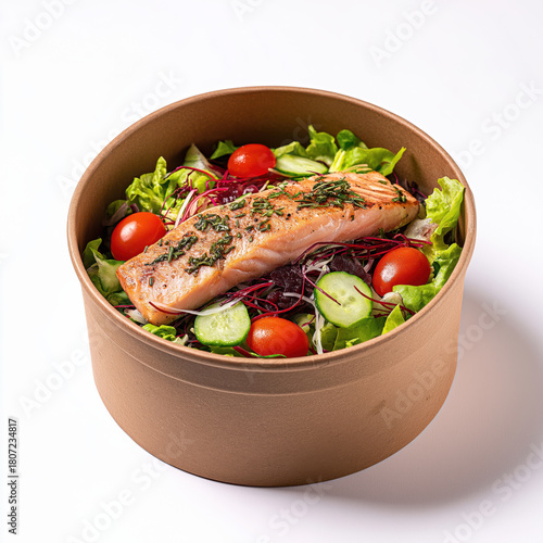 cardboard box One box contains fresh vegetables and salmon