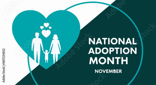National Adoption Month November vector illustration banner with family heart silhouette