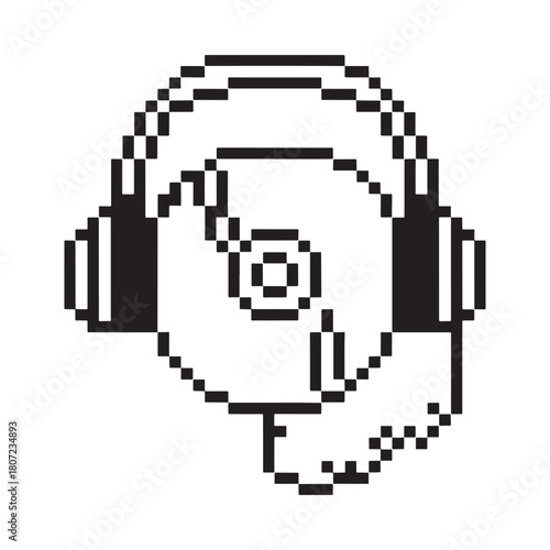 Pixel art of headphones over a vinyl record