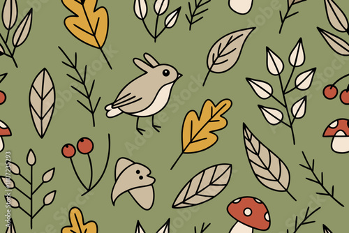 Seamless pattern of woodland creatures leaves mushrooms and berries on green background forest nature