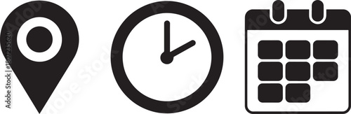 Black Icons of Location Pin, Clock, and Calendar on White Background map marker destination