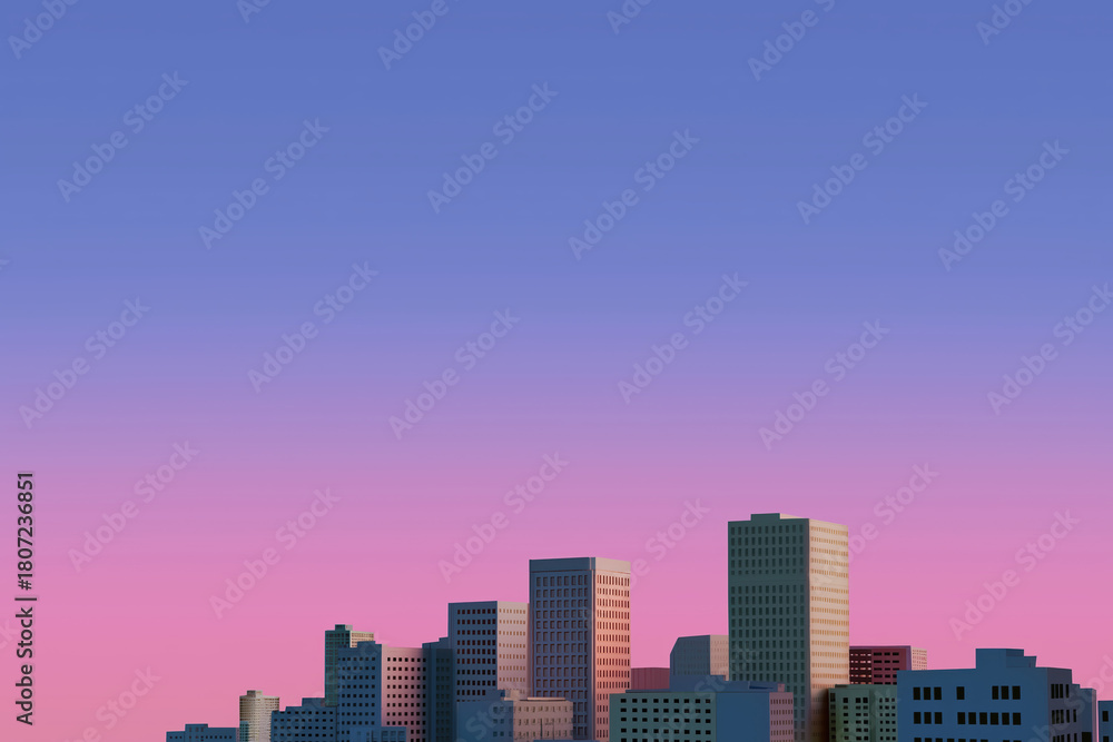 Fototapeta premium Minimalist city skyline with geometric buildings. Abstract urban architecture on a pink and blue gradient sky background. Sunset concept with copy space for text