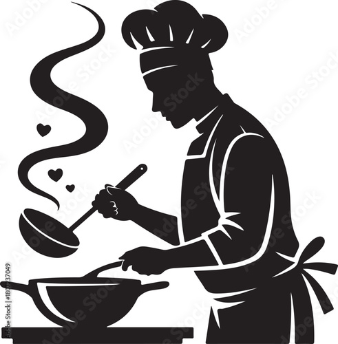Silhouette of a chef cooking in a kitchen with steam rising