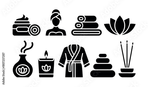 A collection of spa and wellness icons including a cream jar, a woman, towels, a lotus flower, a diffuser, a candle, a robe, stacked stones, and incense sticks.