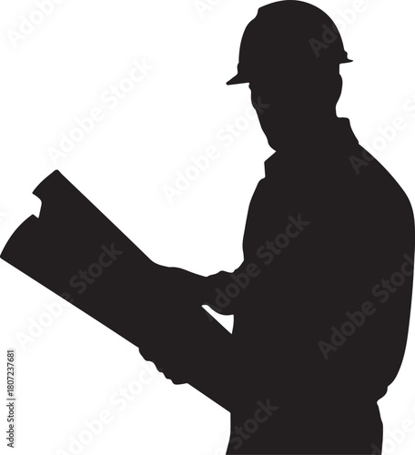 Silhouette of a construction worker in a hard hat and safety vest holding blueprints