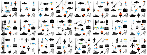 Collection of fishing equipment icons: rods, reels, floats, hooks, lures, nets, and tackle boxes, ideal for angling and sport fishing concepts.