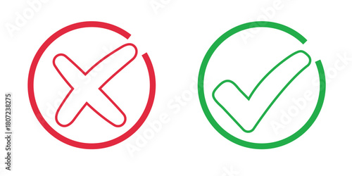 Checkmark x mark icon. Green checkmark and red x sign.
