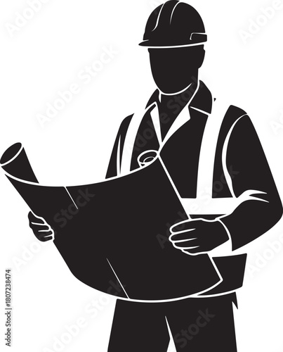 Silhouette of a construction worker in a hard hat and safety vest holding blueprints