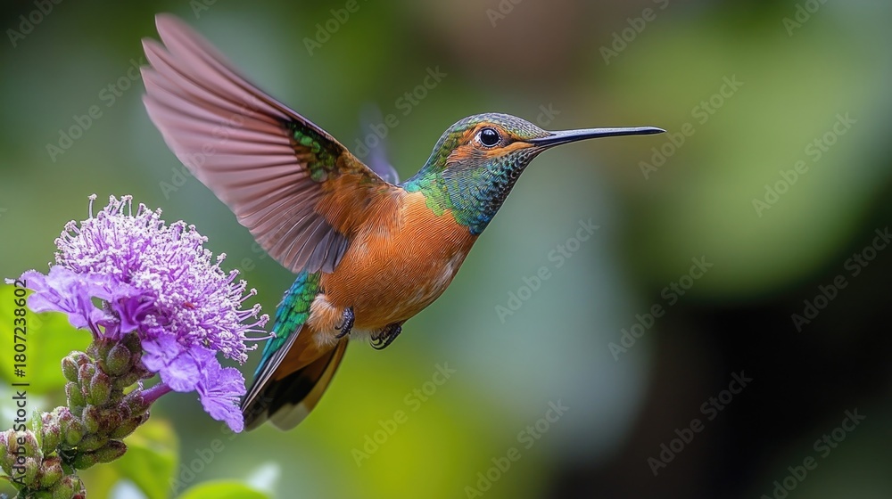 Fototapeta premium A beautiful hummingbird in flight near a purple flower
