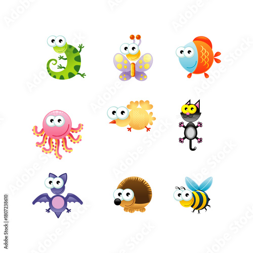 Cute cartoon animals collection insects, mammals, reptiles, fish and birds in funny styles