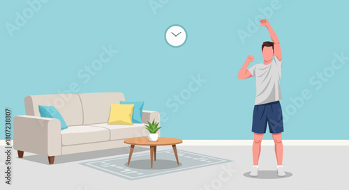 A person exercises in a living room with a couch, coffee table, rug, and clock on the wall. The space is light blue