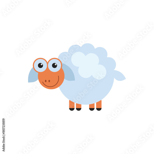 Cute cartoon sheep character with big orange eyes and a happy smile, isolated on white background