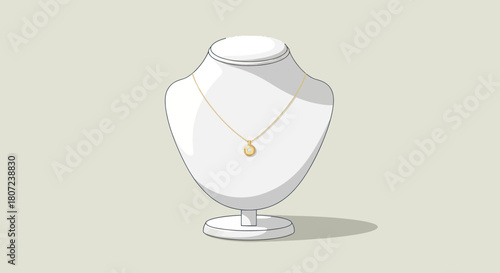 A gold necklace with a small pendant rests on a white mannequin bust. The background is a neutral tone
