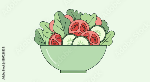 A colorful cartoon salad overflows a green bowl, featuring tomatoes, cucumbers, and leafy greens. Clean, minimalist aesthetic