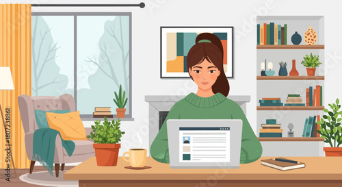 A woman works on a laptop at a desk in a cozy, bright room. Plants, a comfy chair, and a bookcase surround her