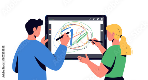 Two individuals collaborate on a large digital tablet, drawing free-form lines with styluses on a white background
