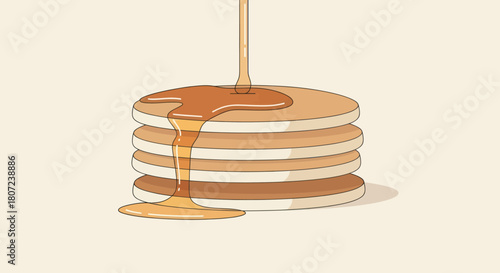 Illustration shows a stack of pancakes with syrup pouring down from a spout. Simple, cartoon-like style on a beige background