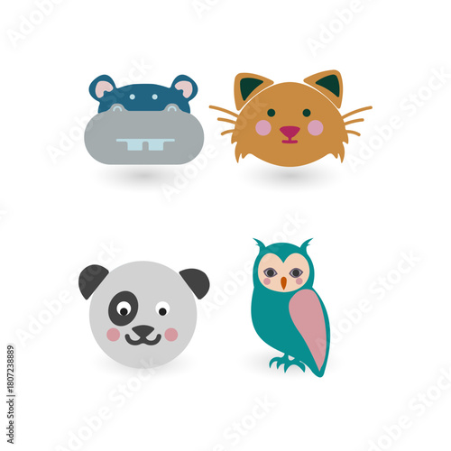 Cute cartoon animal faces, a panda, a hippo, a cat, and an owl, set against a white background