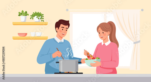 A cheerful couple cooks together in a bright kitchen. One stirs a pot, the other holds a salad