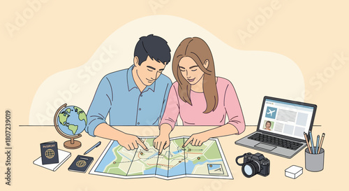 Couple planning trip, examining map together. Globe, passport, laptop, camera, and stationary surround them