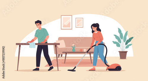 Animated scene of a man wiping a table and a woman vacuuming a rug in a minimalist, clean living room