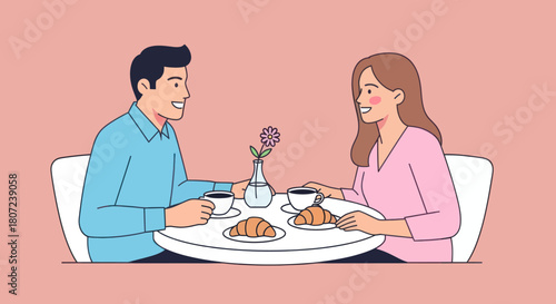 A cheerful couple sits at a round table, enjoying coffee and croissants; a small vase with a flower decorates the scene